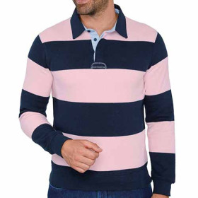 Polo mode rayures rugby , Tour de poitrine : M (96/100), Couleur : Marine/Rose, par l’Homme Moderne.