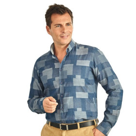 Chemise patchwork denim-style, Encolure : M (39/40), Couleur : Bleu denim, par l’Homme Moderne.